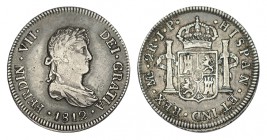 2 REALES. Lima. 1812-JP. XC-900. 6,79 g. Busto pequeño. Pát. antigua. ESCASA. MBC