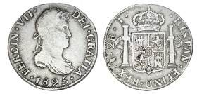 2 REALES. Potosí 1825-J. XC-1001. 6,59 g. RARA. MBC
