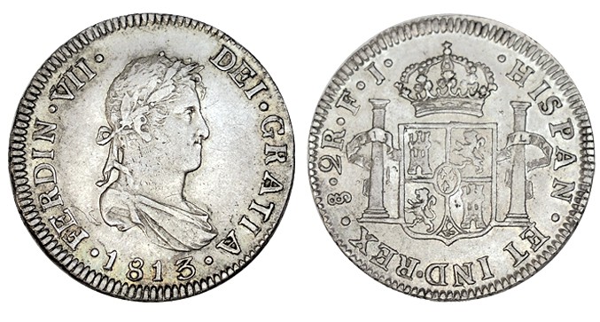2 REALES. Santiago 1813-FJ. XC-1019. 6,83 g. ESCASA. EBC-