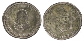 2 REALES. Zacatecas. 1819-AG. XC-1074 (Vte. de busto). 5,95 g. Bonito tono. MUY ESCASA. (MBC+)