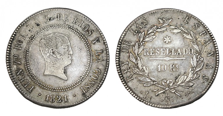 10 REALES. Santander. Resellada. 1821-LT. XC-799. 13,25 g. MUY ESCASA. MBC+