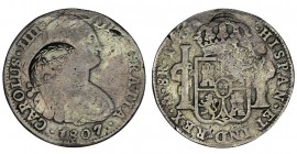 8 REALES. Congreso Chilpanzingo. 1807-TH. W/KM no cita este año. Resello: arco, carcaj, etc. 23,20 g. MUY RARA. (MBC+)