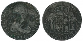 8 REALES. Congreso Chilpanzingo. 1811-México HJ. Presenta ademas del resello de arco y carcaj, otro con Y A entrelazadas y otro resello de Morelos con...