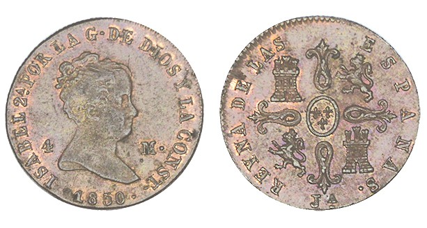 4 MARAVEDÍS. Jubia. 1850. XC-520. 4,94 g. Restos de B.O. EBC+