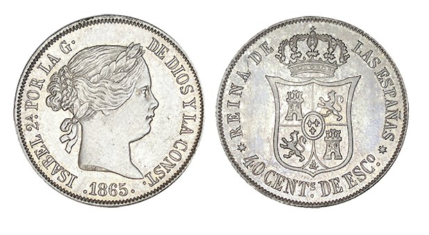 40 CÉNTIMOS DE ESCUDO. Sevilla. 1865. XC-341. 5,16 g. ESCASA. EBC+