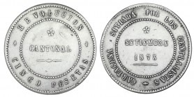 5 PESETAS. Cartagena. 1873. No coincidente con el eje horizontal. 80 perlas en anv. y 85 en rev. VSP-30. 29,33 g. MBC+