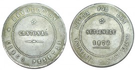 5 PESETAS. Cartagena. 1873. Coincidente con el eje horizontal. 86 perlas en anv. y 90 en rev. VSP-30.1 (Vte. por coincidente en lugar de no coincident...