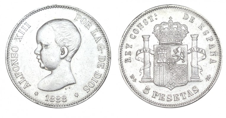 5 PESETAS. 1888 MS-M. XC-12. Buen ejemplar para este tipo de piezas normalmente ...
