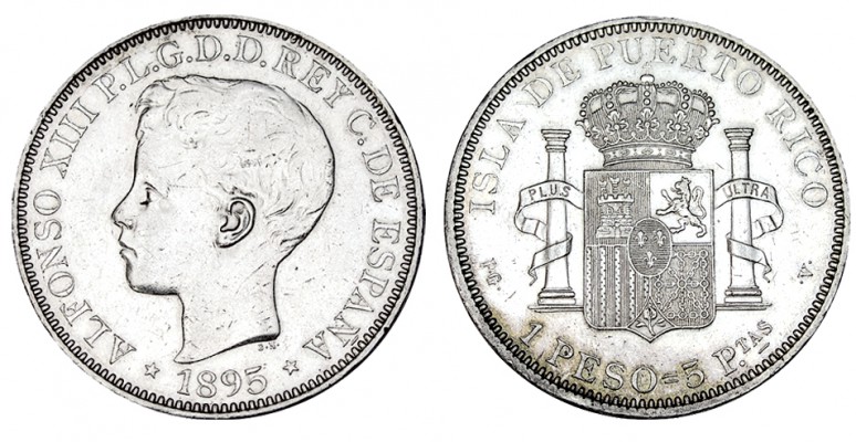 1 PESO. Puerto Rico. 1895 PG-V. XC-82. 24,92 g. Leve golpecito en canto. Restos ...