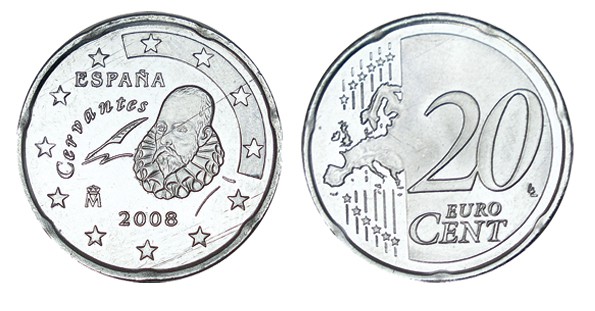 20 CÉNTIMOS DE EURO. España. 2008. Ejemplar sin dorar y acuñado en otro tipo de ...