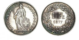 SUIZA. 1 Franco. 1877-B. W/KM-24. 4,99 g. MBC