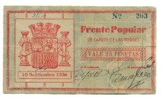 CAÑETE DE LAS TORRES (Córdoba). 25 Pesetas. Frente Popular. 10 sept. 1936. Nº203. BM no cita. RARO. MBC