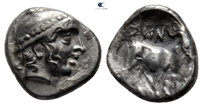 Thrace. Ainos 429-427 BC. 
Diobol AR

11 mm., 1,02 g.

Head of Hermes right...