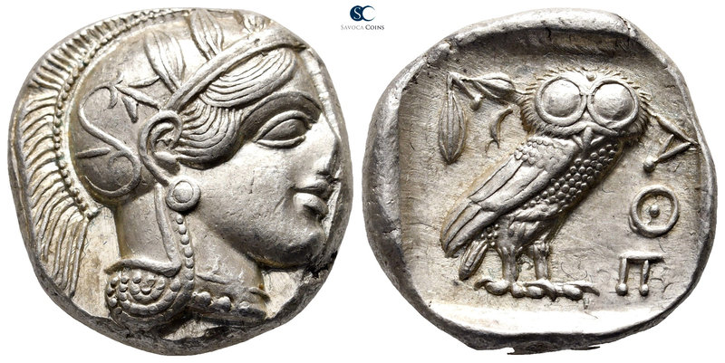 Attica. Athens circa 454-404 BC. 
Tetradrachm AR

25 mm., 17,23 g.

Head of...