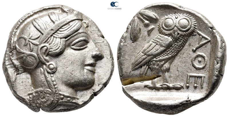 Attica. Athens circa 454-404 BC. 
Tetradrachm AR

25 mm., 17,25 g.

Head of...