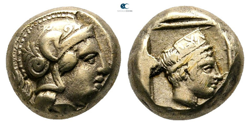 Lesbos. Mytilene 412-378 BC. 
Hekte EL

9 mm., 2,55 g.

Helmeted head of At...