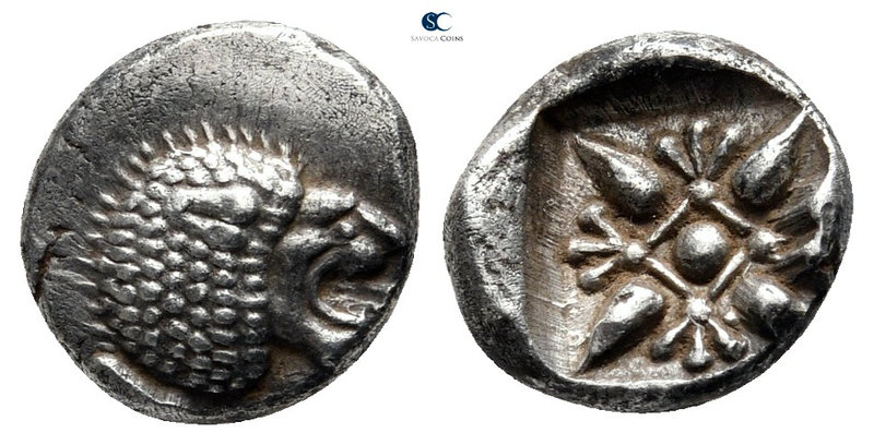 Ionia. Miletos 550-400 BC. 
Diobol AR

10 mm., 1,22 g.

Forepart of lion ri...
