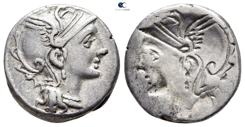 110-100 BC. Rome
Brockage Denarius AR

16 mm., 3,77 g.

Helmeted head of Ro...