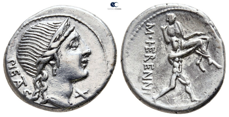 M. Herennius. 108-107 BC. Rome
Denarius AR

18 mm., 3,82 g.

Head of Pietas...