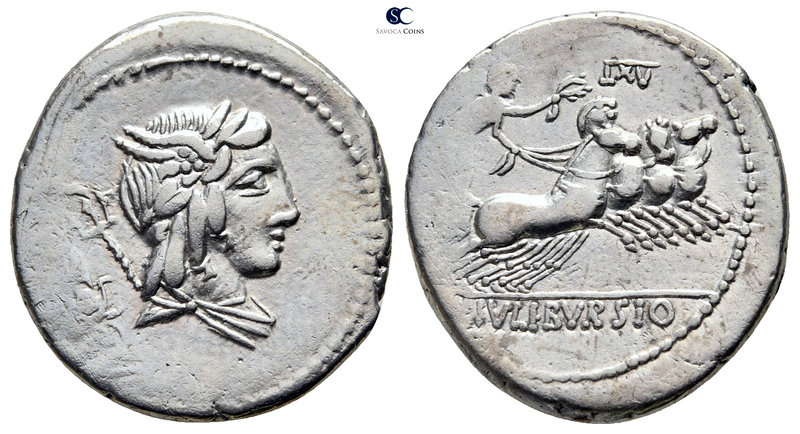 L. Iulius Bursio 85 BC. Rome
Denarius AR

20 mm., 3,98 g.

Male head right,...