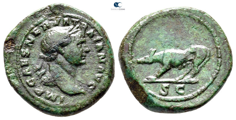 Trajan AD 98-117. Rome
Quadrans Æ

18 mm., 3,89 g.

IMP CAES NERVA TRAIAN A...