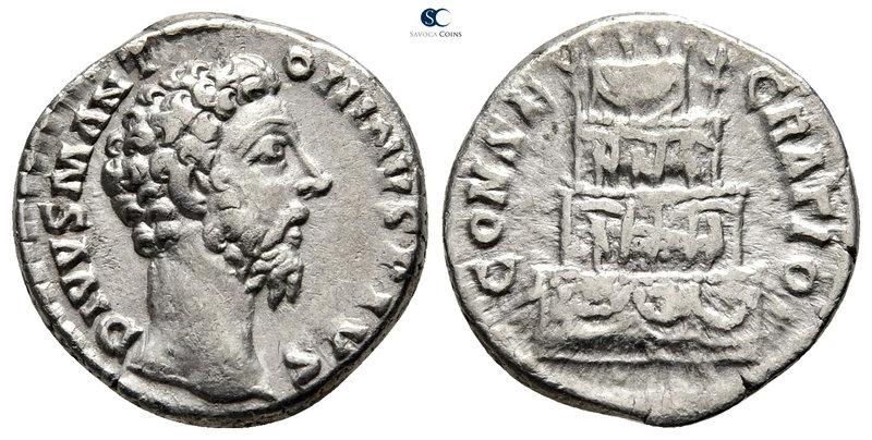 Divus Marcus Aurelius Died AD 180. Rome
Denarius AR

17 mm., 3,01 g.

DIVVS...