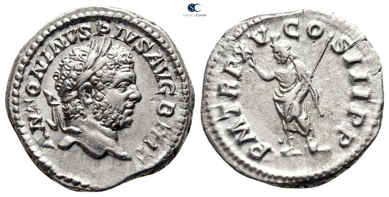 Caracalla AD 198-217. Rome
Denarius AR

18 mm., 3,36 g.

ANTONINVS PIVS AVG...