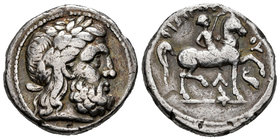 Kingdom of Macedon. Philip II. Tetradracma. 359-336 a.C. Amphipolis. (Sng Ans-807). Anv.: Cabeza laureada de Zeus a derecha. Rev.: Joven jinete sobre ...