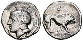 Lucania. Velia. Estátera. 400-340 a.C. (NH Italy-1280). (Sng Ans-1284). Anv.: Cabeza de Atenea con casco a izquierda. Rev.: León parado a derecha, enc...