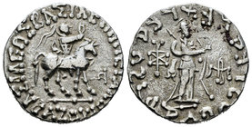 Indo-Scythians. Azes II. Tetradracma. 35-5 a.C. (Mitchiner-2368/9). Anv.: Rey a caballo con símbolo debajo. Rev.: Pallas Atenea. Ag. 9,52 g. Choice VF...