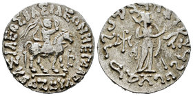 Indo-Scythians. Azes II. Tetradracma. 35-5 a.C. (Mitchiner-2368/9). Anv.: Rey a caballo con símbolo debajo. Rev.: Pallas Atenea. Ag. 9,52 g. VF. Est.....