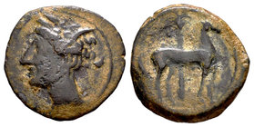 Carthage Nova. As. 220-215 a.C. Cartagena (Murcia). (Abh-507). Anv.: Cabeza de Tanit a izquierda. Rev.: Caballo parado a derecha, detrás palmera. Ae. ...