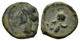 Carthage Nova. 1/4 calco. 220-215 a.C. Cartagena (Murcia). (Abh-523). (Acip-586). Anv.: Cabeza de Tanit a izquierda. Rev.: Casco. Ae. 1,18 g. Almost V...