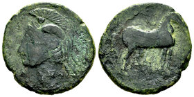 Carthage Nova. Calco. 220-215 a.C. Cartagena (Murcia). (Abh-525). (Acip-591). Anv.: Cabeza de Atenea a izquierda. Rev.: Caballo parado a derecha. Ae. ...