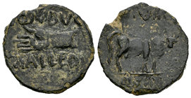 Carthage Nova. Semis. 27 a.C.-14 d.C. Cartagena (Murcia). (Abh-579). (Acip-2539). Anv.: Mano a izquierda, encima (C)ONDVC, debajo MALLEOL. Rev.: Toro ...