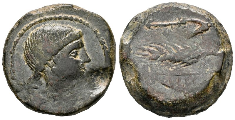 Obulco. As. 220-20 a.C. Anv.: Cabeza femenina a derecha. Rev.: Arado y espiga, d...