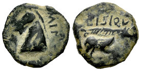 Obulco. Cuadrante. 220-20 a.C. Porcuna (Jaén). (Abh-1855 variante). (Acip-2246 variante). Anv.: Cabeza de caballo a izquierda, detrás MIN(SAM). Rev.: ...