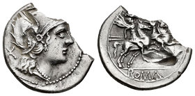 Anonymous. Denario. Anv.: Cabeza de Roma a derecha, detrás X. Rev.: Los Dioscuros a caballo a derecha, debajo ROMA. Ag. 3,41 g. Partida. Choice VF. Es...