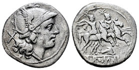 Anonymous. Denario. 209-208 a.C. Sicilia. (Ffc-31). (Craw-80/1a). (Cal-20). Anv.: Cabeza de Roma a derecha, detrás X. Rev.: Los Dioscuros a caballo a ...