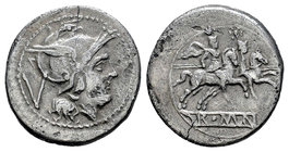 Anonymous. Quinario. 211-210 a.C. Rome. (Seaby-3). Anv.: Cabeza de Roma a derecha, detrás V. Rev.: Los Dioscuros a caballo a derecha, encima estrellas...