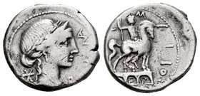 Aemilius. Denario. 114-113 a.C. South of Italy. (Ffc-103). (Craw-291/1). (Cal-73). Anv.: Cabeza laureada de Roma a derecha, detrás X, delante ROMA. Re...