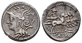 Appuleius. Denario. 104 a.C. Rome. (Ffc-161). (Craw-317/3b). (Cal-225). Anv.: Cabeza de Roma a izquierda. Rev.: Saturno con espada en cuadriga a derec...