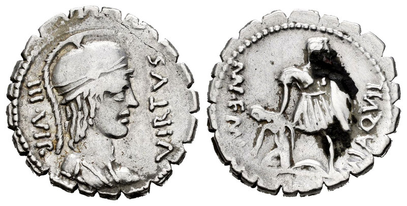 Aqullius. Denario. 71 a.C. Uncertain mint. (Ffc-168). Anv.: Busto de la Virtud a...