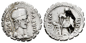 Aqullius. Denario. 71 a.C. Uncertain mint. (Ffc-168). Anv.: Busto de la Virtud a la derecha, detrás III VIR, delante VIRTVS. Denario dentellado. Rev.:...