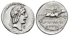 Calpurnius. Denario. 90-89 a.C. Rome. (Ffc-234). (Cal-305a). Anv.: Cabeza laureada de Apolo a derecha, debajo del mentón letra C. Rev.: Jinete con pal...
