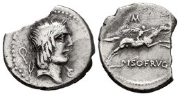 Calpurnius. Denario. 90-89 a.C. Rome. (Ffc-308). (Cal-311k). Anv.: Cabeza laureada de Apolo a derecha, detrás y delante símbolo. Rev.: Jinete con palm...