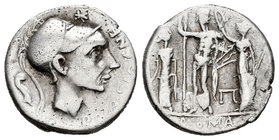 Cornelius. Denario. 112-11 a.C. South of Italy. (Ffc-608). (Craw-296/1v). (Cal-469). Anv.: Cabeza de Escipion el Africano a derecha, encima estrella, ...