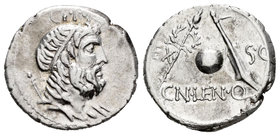 Cornelius. Denario. 76-75 a.C. Hispania. (Ffc-627). Anv.: Busto diademado con diferente arte del Genio del pueblo romano a derecha con cetro sobre su ...