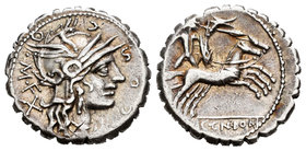Cosconius. Denario. 118 a.C. Narbo. (Ffc-652). (Craw-282/2). (Cal-514). Anv.: Cabeza de Roma a derecha, detrás X, leyenda L COSCO M F. Rev.: El guerre...
