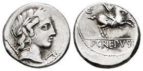 Crepusius. Denario. 82 a.C. Rome. (Ffc-660). (Cal-525). Anv.: Cabeza laureada de Apolo a derecha, detrás cetro, delante símbolo. Rev.: Jinete con lanz...